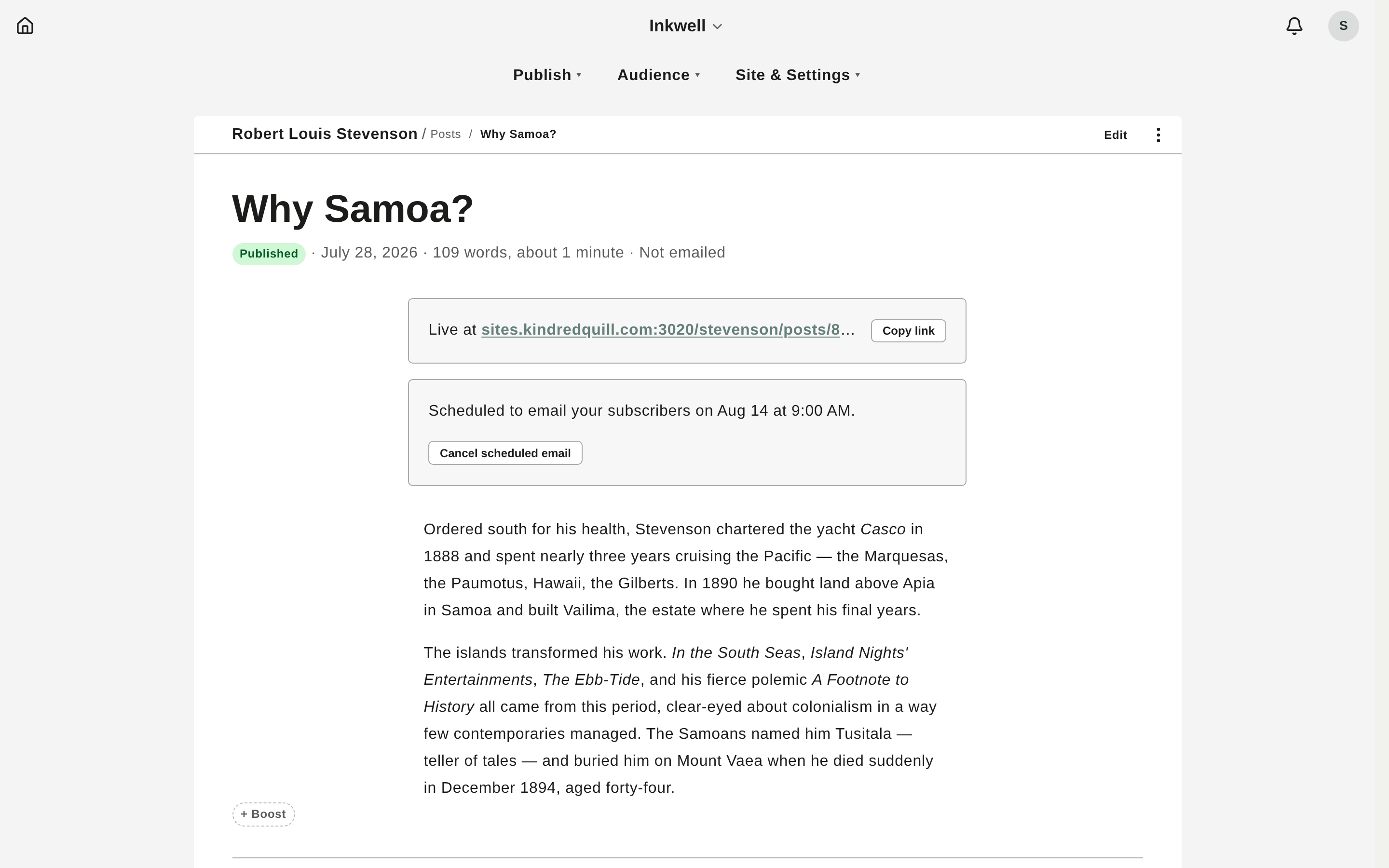 A published post: edit it, pin it, email it to subscribers, or open its history from the ⋯ menu.