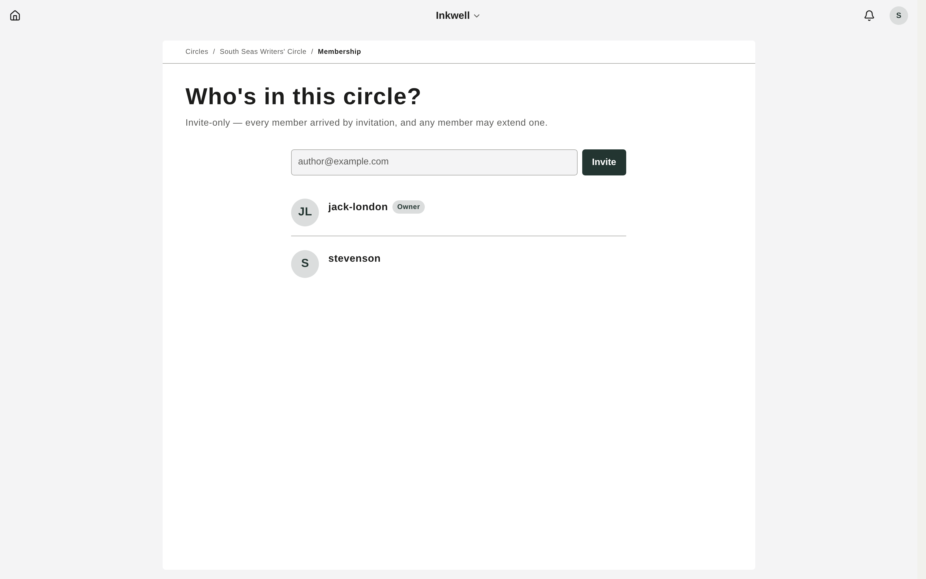 The Membership page: the roster (owner first), an invite form, and pending invitations.